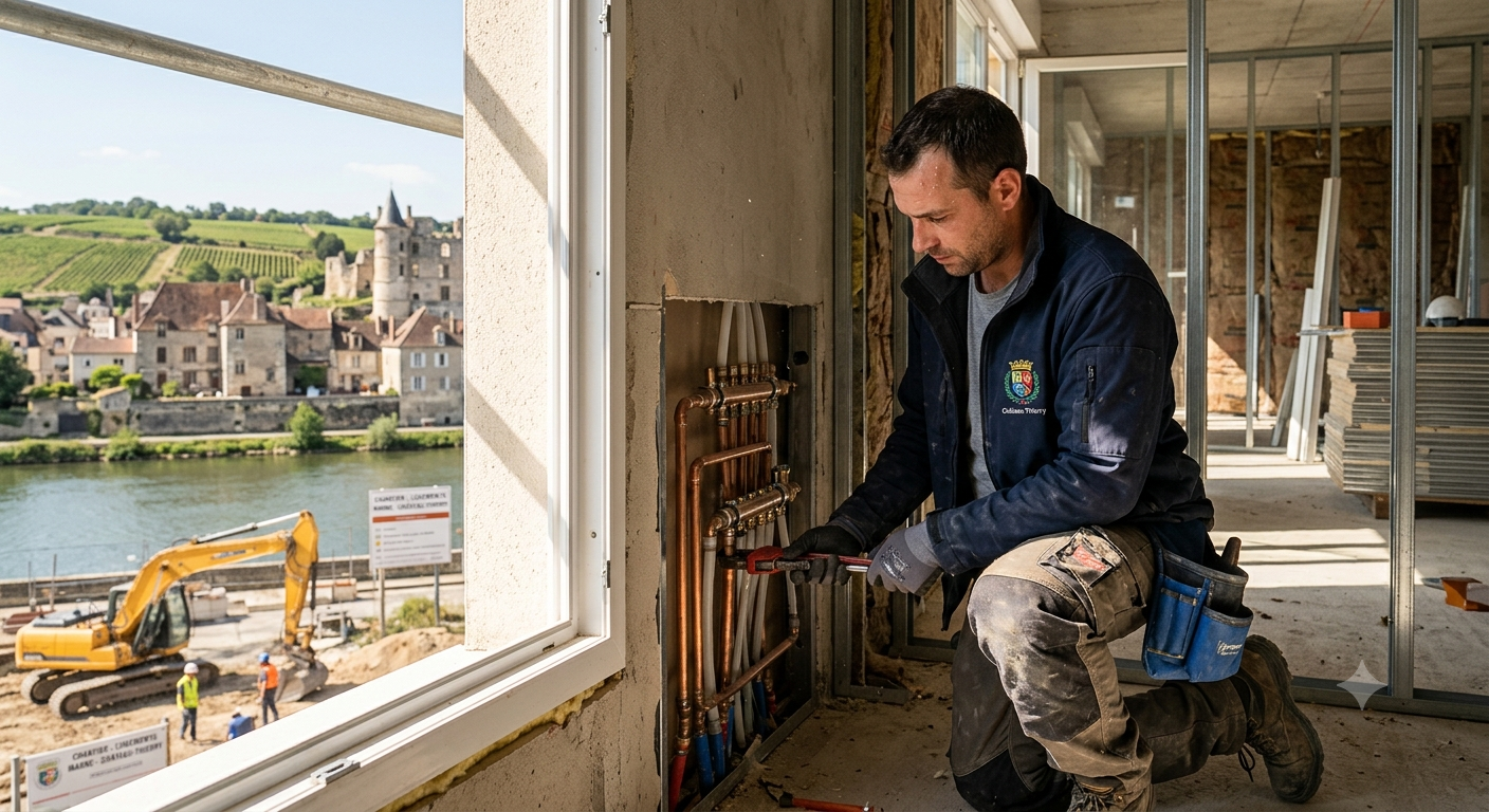 Julien Berthier, plombier à Château-Thierry, sur un chantier